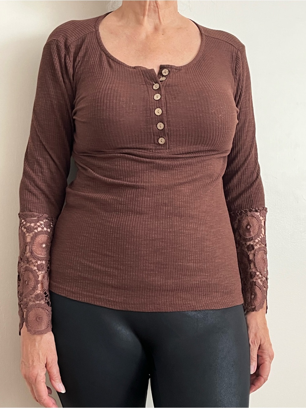 Women’s Brown Long-Sleeve Top with Lace Cuffs